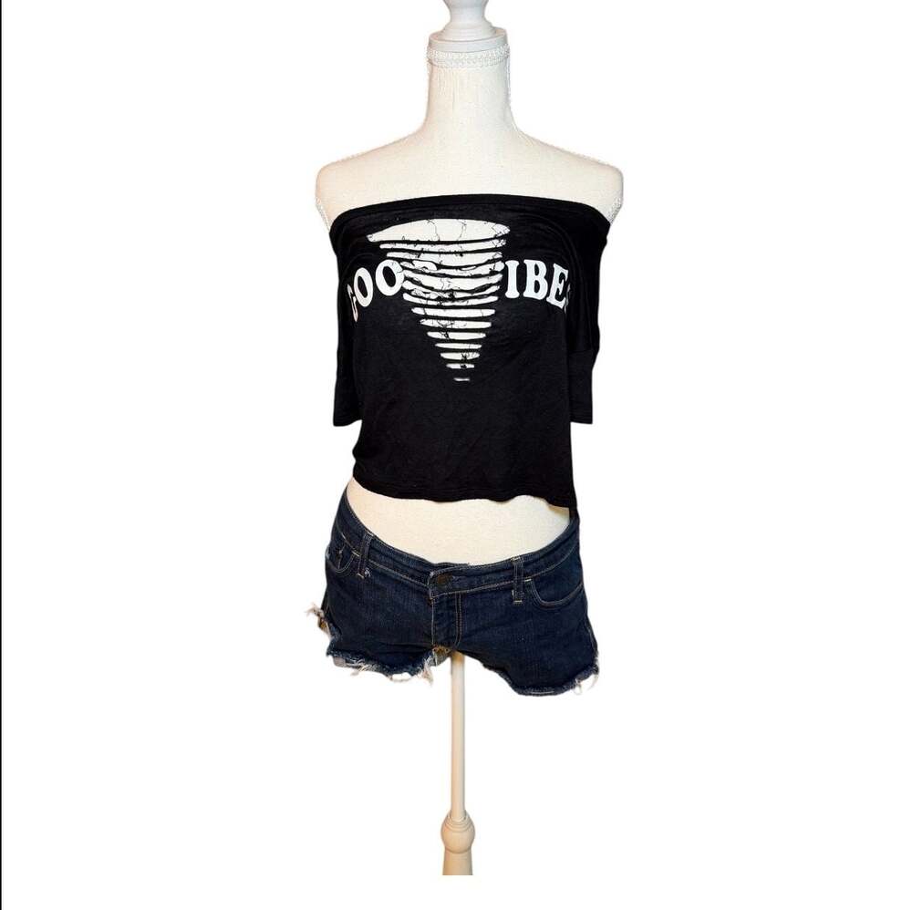 Good Vibes Distressed Crop Top Black Off Shoulder Grunge Y2K Soft Tee
